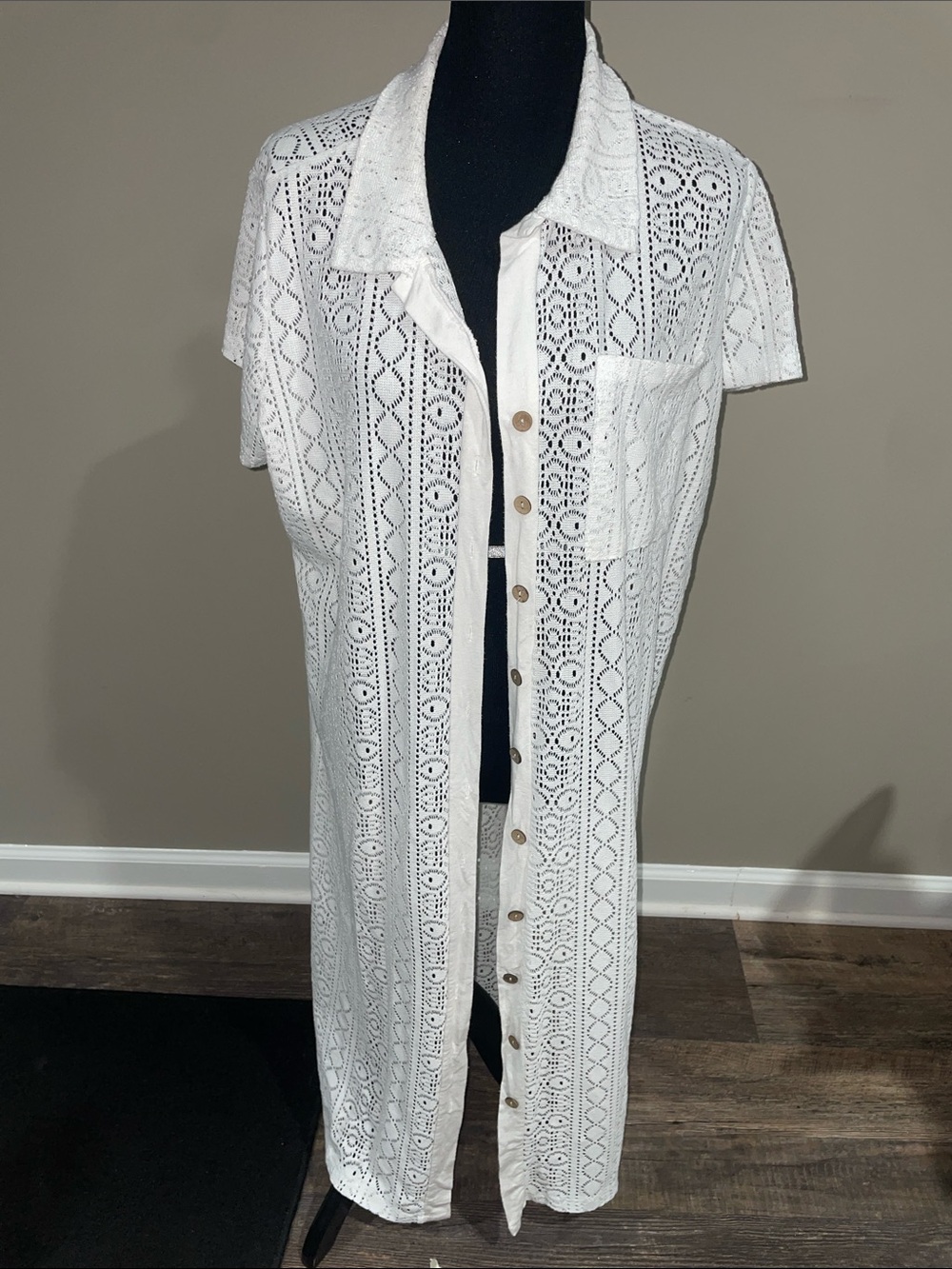 White Lace Button-Front Long Cover-Up